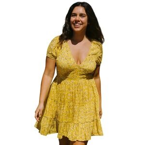 Floral Midi Dress PS Yellow Short Sleeve Deep V Neck Casual Spring Boho Chic